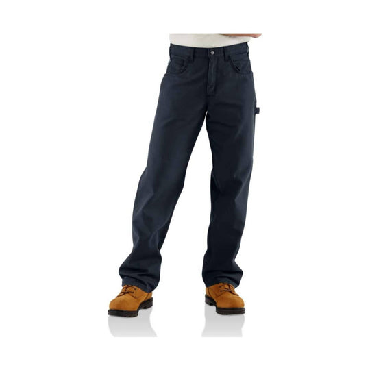 Dark navy loose-fit work pants with straight legs and tan work shoes