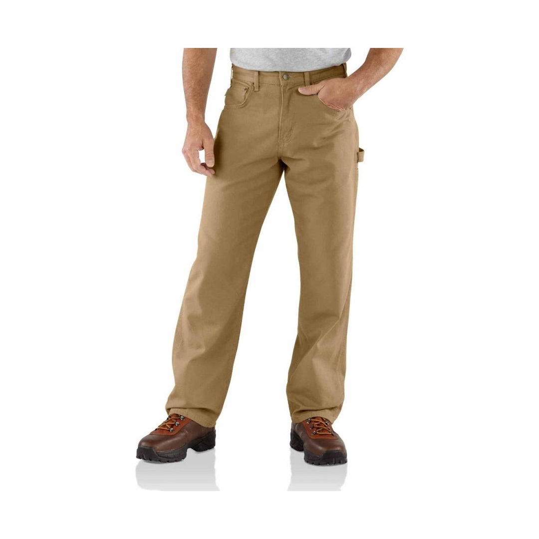 Tan work pants with front pockets and boot-cut legs, shown on a model