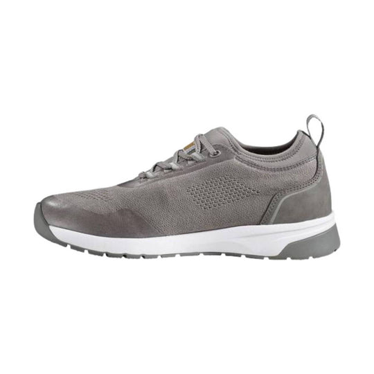 Gray low-top athletic work shoe with mesh upper, laces, and white midsole
