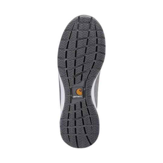 Gray work shoe outsole with deep tread and Carhartt logo