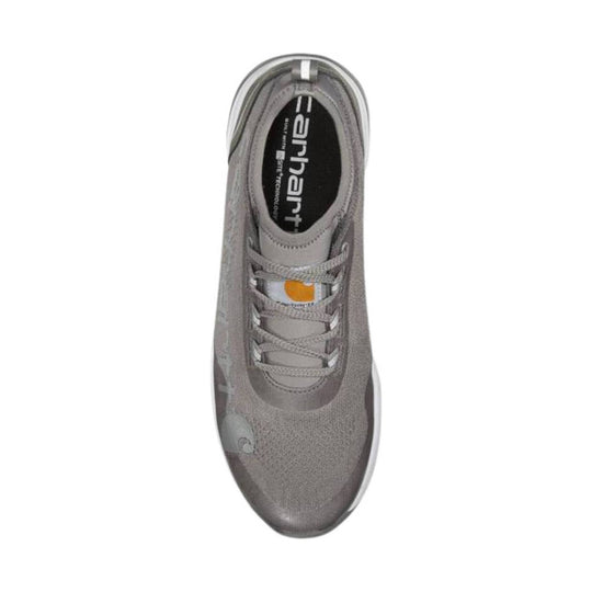 Gray low-top work shoe with laces and black insole branding
