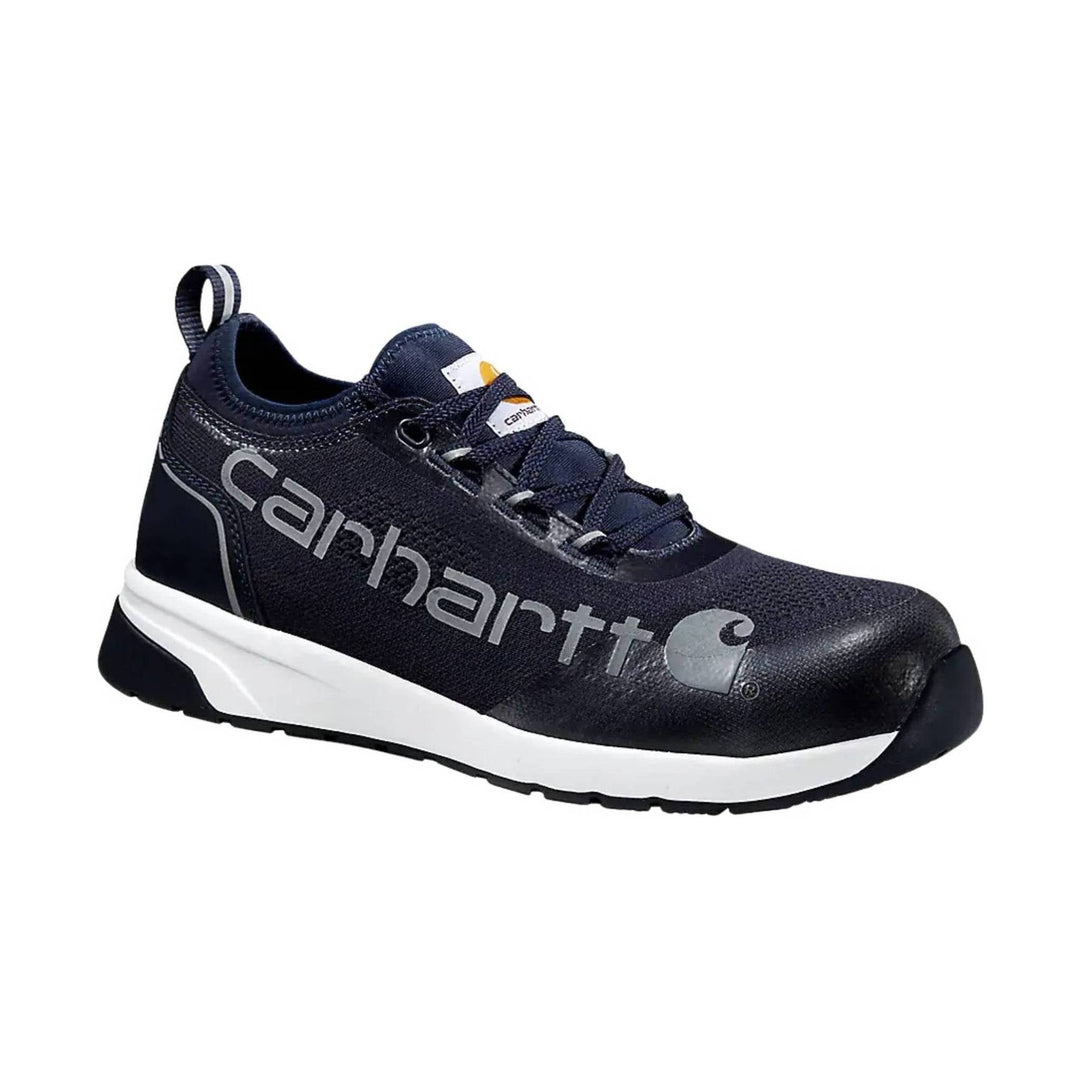 Navy and black low-top work shoe with white midsole, lace-up closure, and pull loop