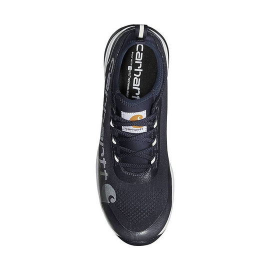 Dark navy low-top work shoe with laces, white sole trim, and Carhartt branding