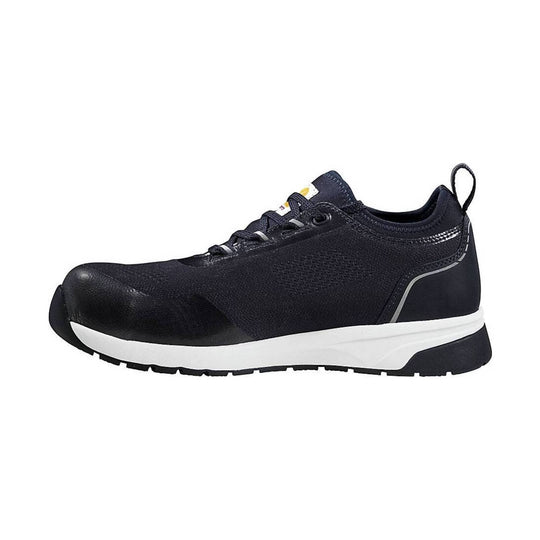 Black low-top work shoe with a white midsole, lace-up closure, and pull tab