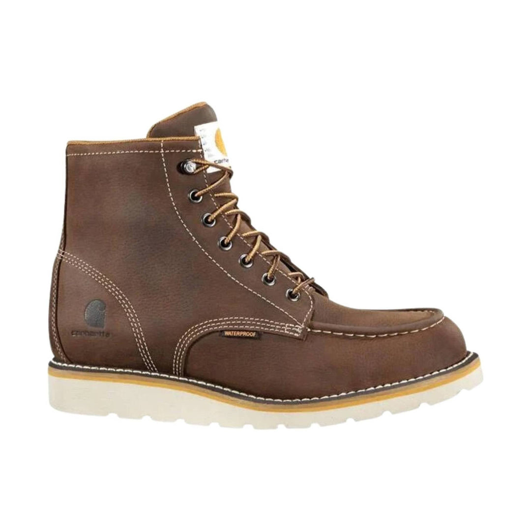 Brown leather lace-up work boot with a white wedge sole