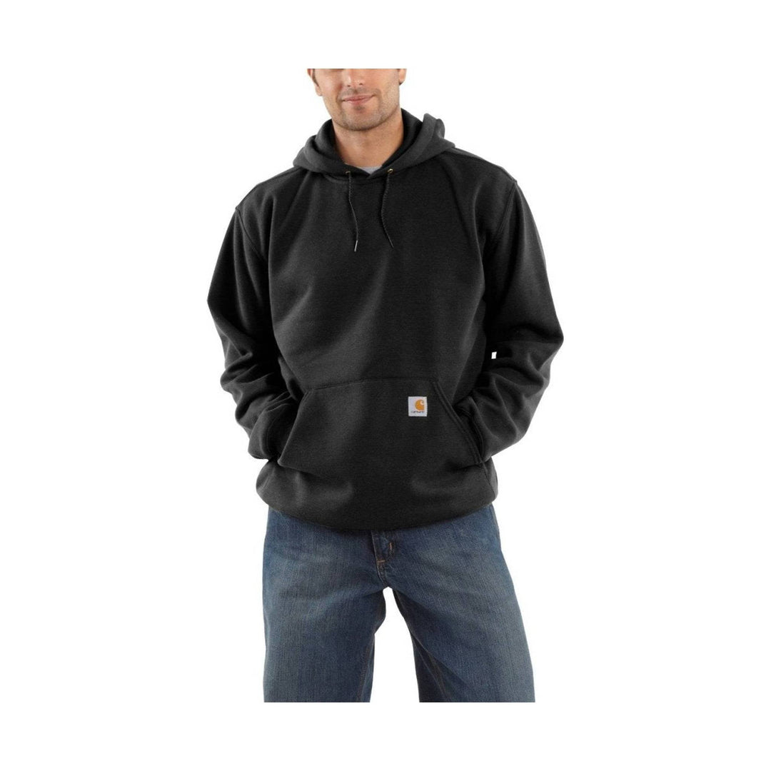 Black pullover hoodie with a front kangaroo pocket and small chest logo patch