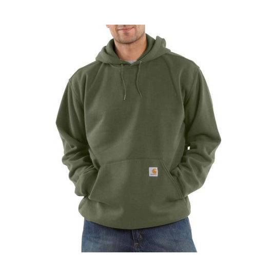 Olive hooded sweatshirt with a front kangaroo pocket and small chest logo patch
