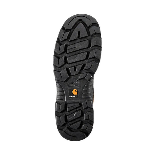 Black rugged boot outsole with deep tread and Carhartt logo