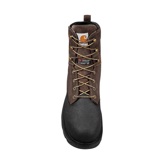 Brown and black insulated work boot with lace-up front and visible logo tags