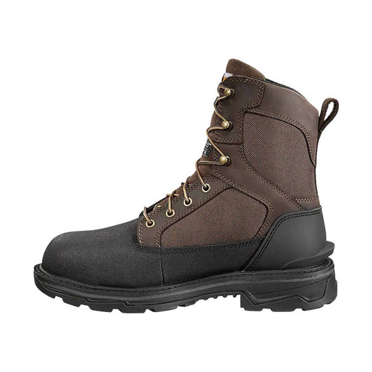 Brown and black lace-up work boot with a rubber toe and rugged tread sole