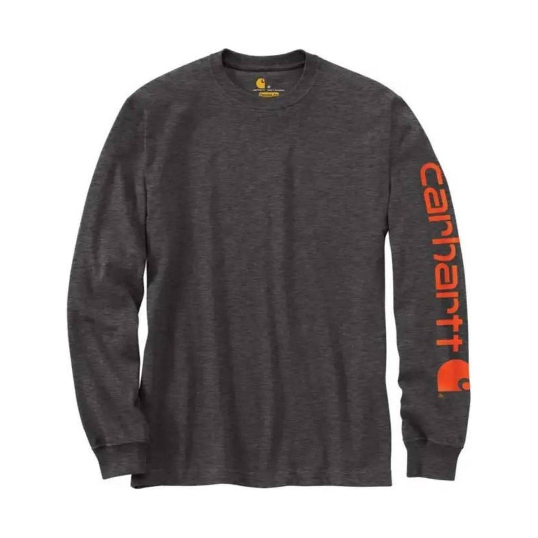 Dark charcoal long-sleeve crewneck shirt with orange logo text down one sleeve