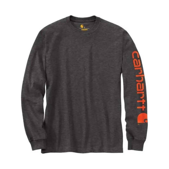 Dark charcoal long-sleeve crewneck shirt with orange logo text down one sleeve