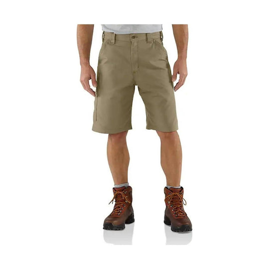 Khaki cargo shorts with belt loops and side pockets, worn with hiking boots