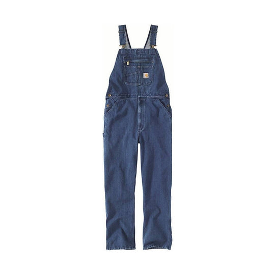 Blue denim bib overalls with front chest pocket and adjustable shoulder straps