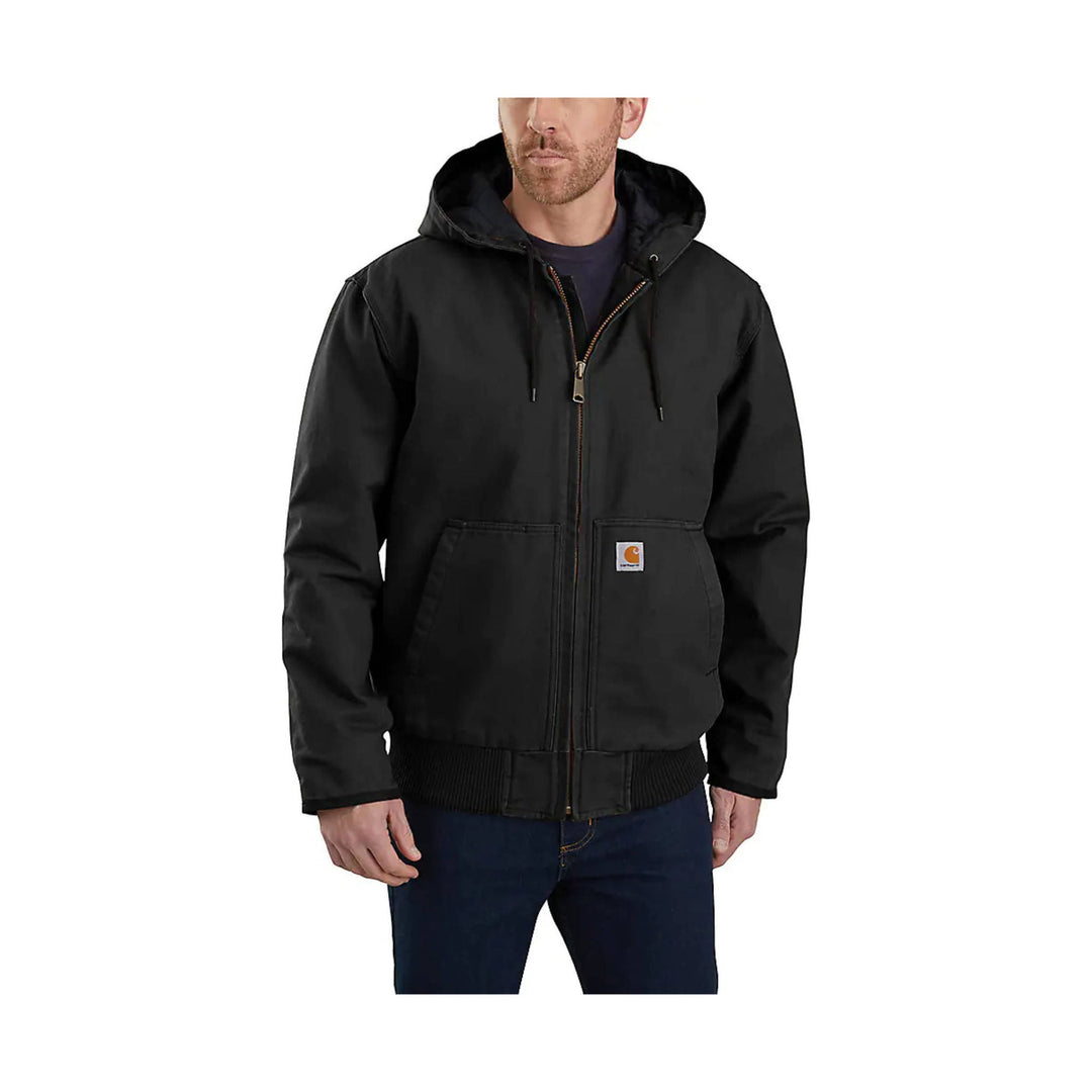 Black hooded work jacket with front zipper, drawstring hood, and large front pockets