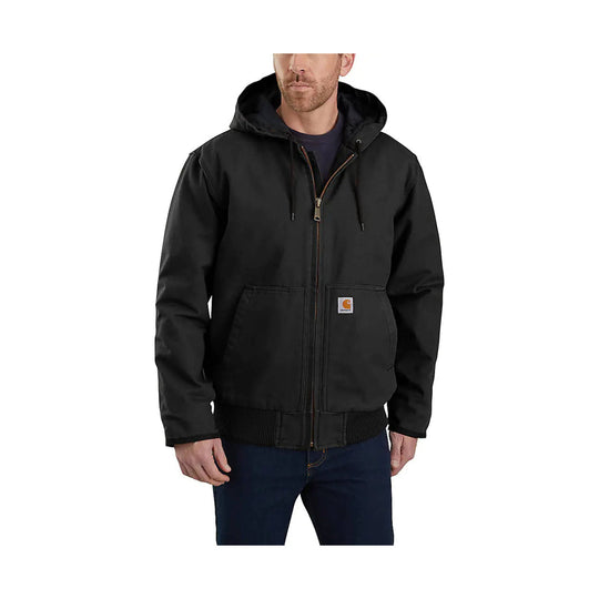 Black hooded work jacket with front zipper, drawstring hood, and large front pockets