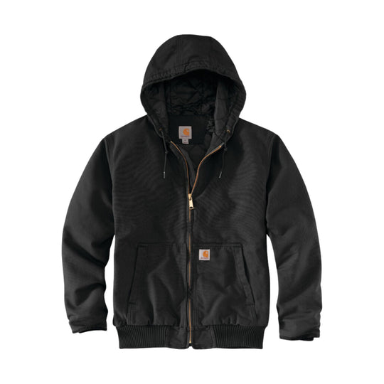 Black hooded insulated work jacket with front zipper, chest pocket, and large front pockets