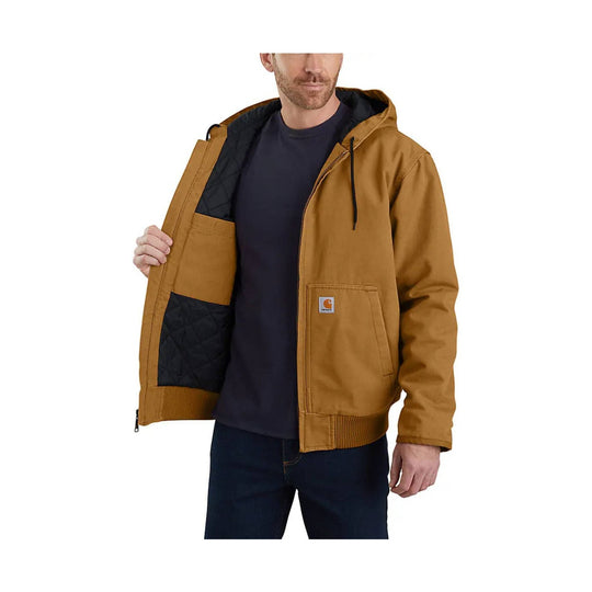 Brown hooded work jacket with black lining and front patch pocket
