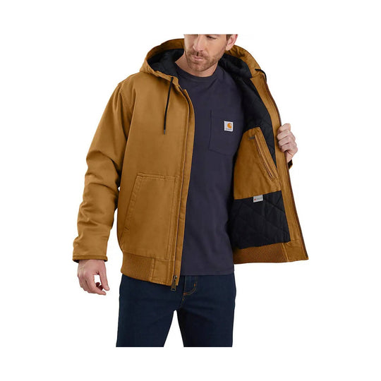 Brown hooded work jacket worn open over a dark shirt, with black quilted lining and a Carhartt chest patch