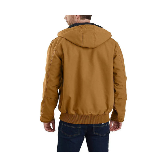 Brown hooded insulated jacket shown from the back with ribbed hem and cuffs