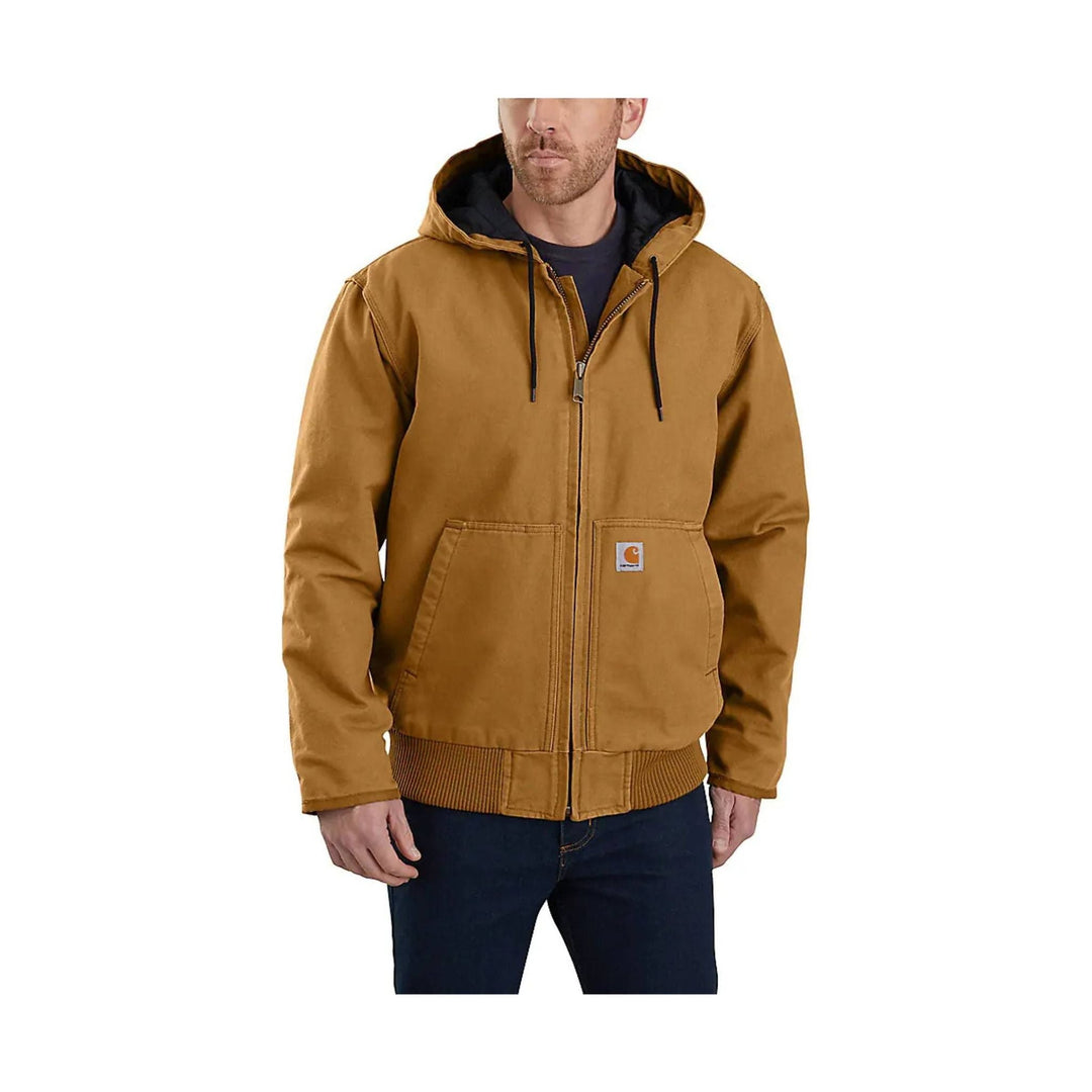Brown hooded zip-up work jacket with front patch pockets and black drawcords