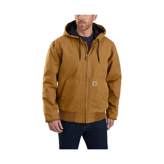 Brown hooded zip-up work jacket with front patch pockets and black drawcords