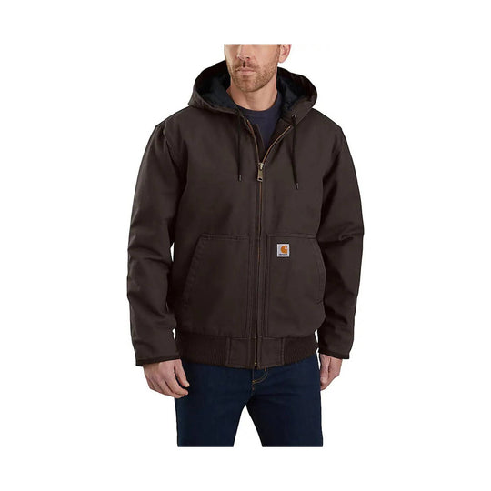 Brown hooded zip-front work jacket with ribbed cuffs and hem