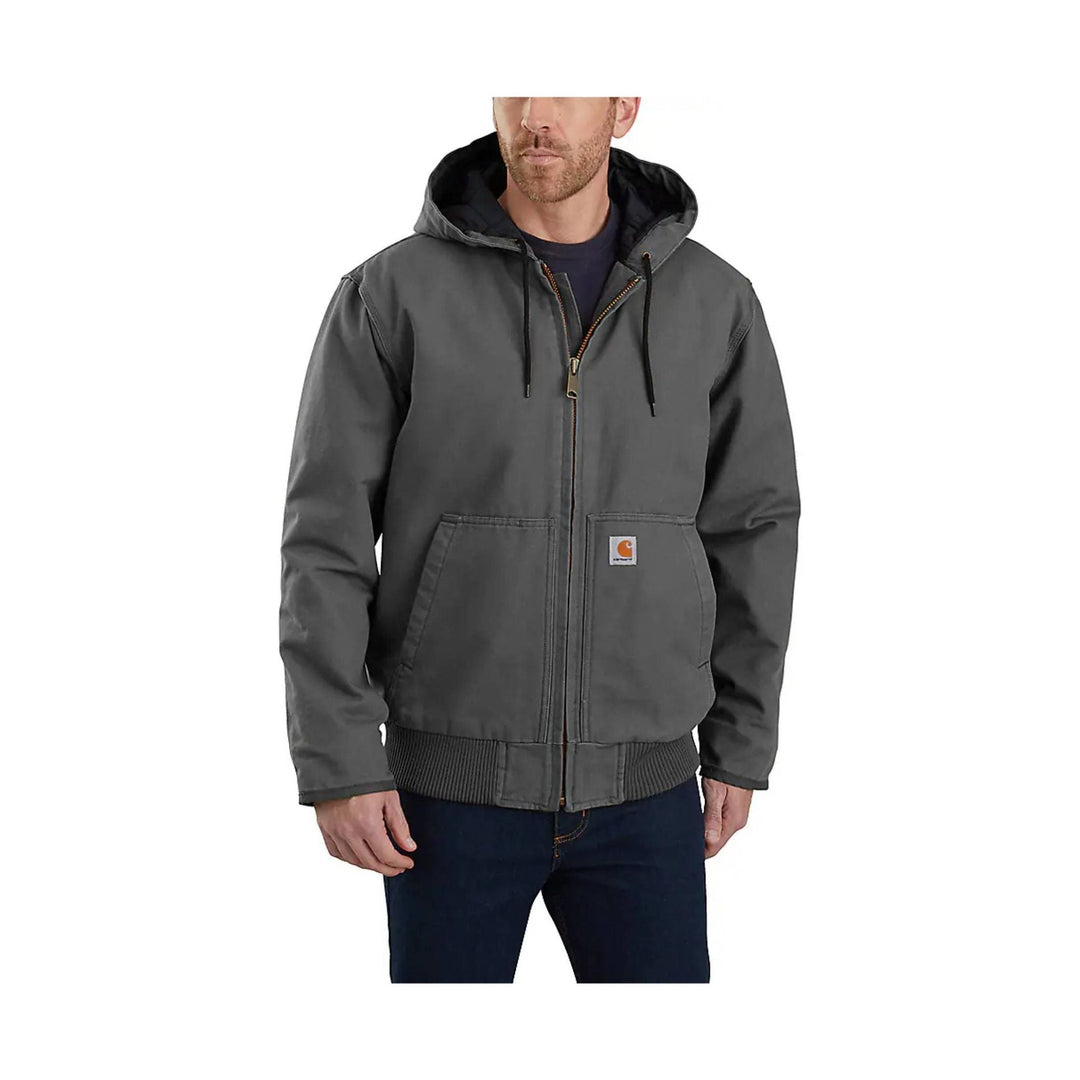 Gray hooded zip-front jacket with large front pockets and ribbed hem