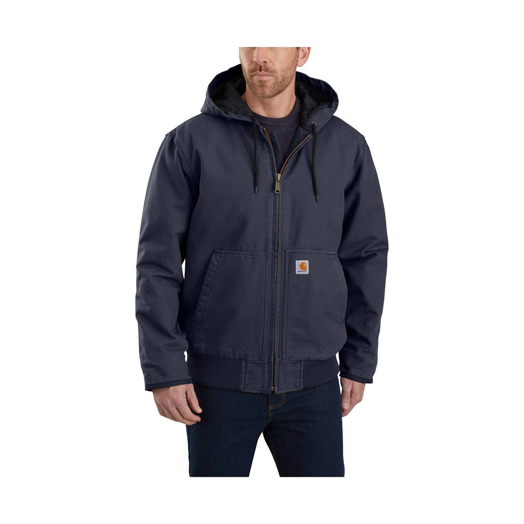 Navy hooded work jacket with front zipper, hand pockets, and a small Carhartt logo patch.