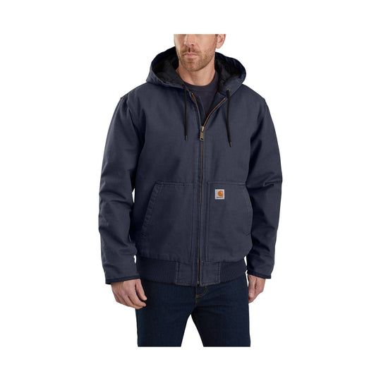 Navy hooded work jacket with front zipper, hand pockets, and a small Carhartt logo patch.