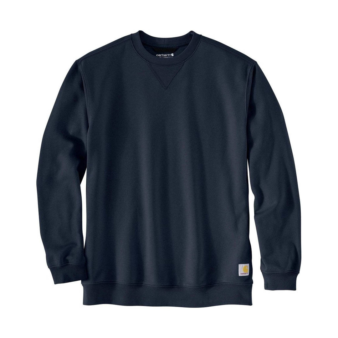 Dark crewneck sweatshirt with long sleeves, ribbed cuffs and hem, and small front logo patch