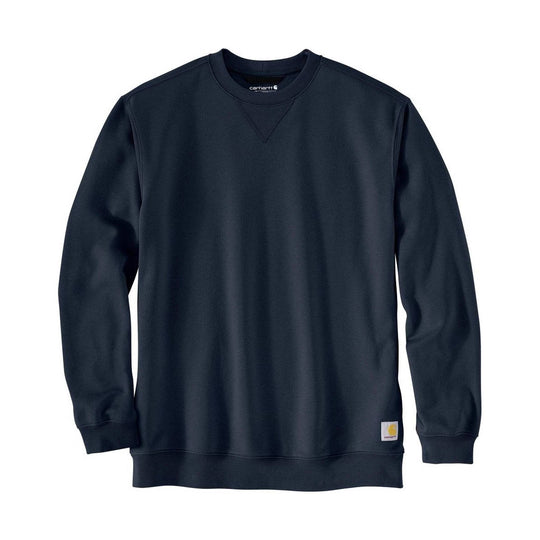 Dark crewneck sweatshirt with long sleeves, ribbed cuffs and hem, and small front logo patch
