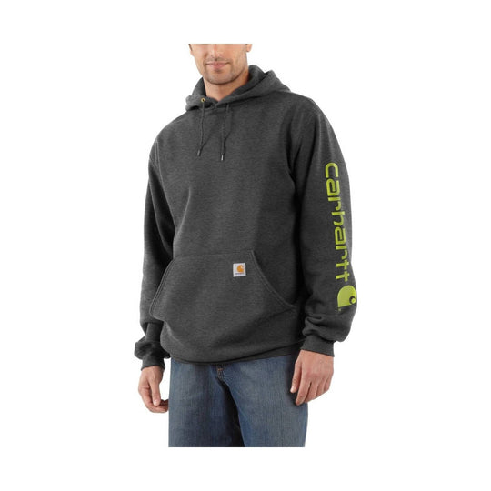 Dark gray hooded sweatshirt with kangaroo pocket and lime green sleeve logo