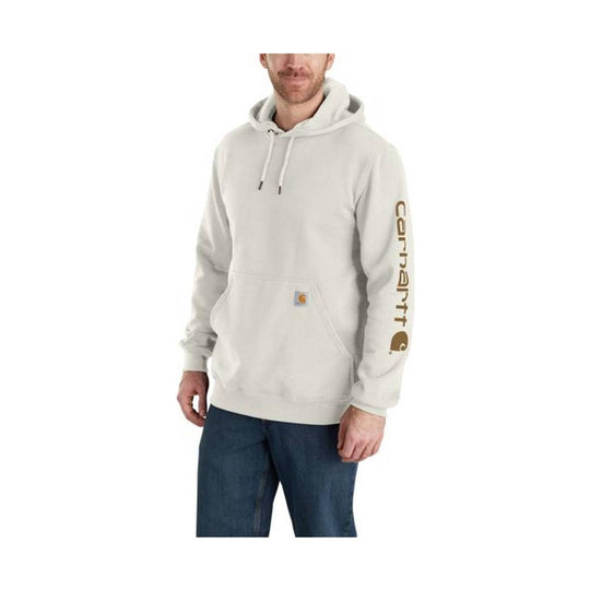 Light gray pullover hoodie with front kangaroo pocket and Carhartt logo on the sleeve