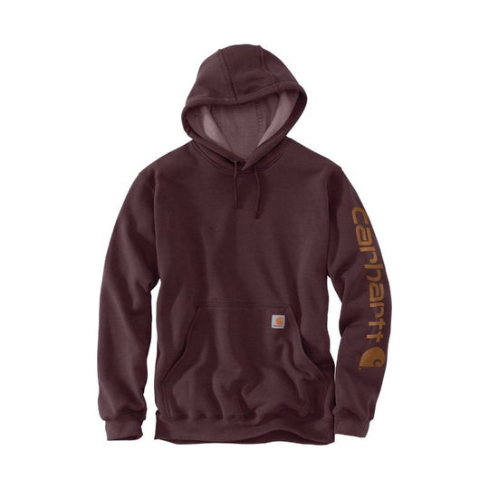 Maroon pullover hoodie with front kangaroo pocket, drawstring hood, and logo text down the right sleeve