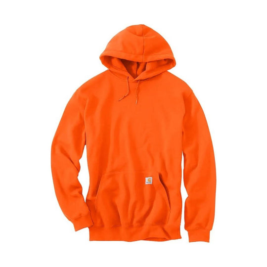 Bright orange pullover hoodie with front kangaroo pocket and small chest logo patch