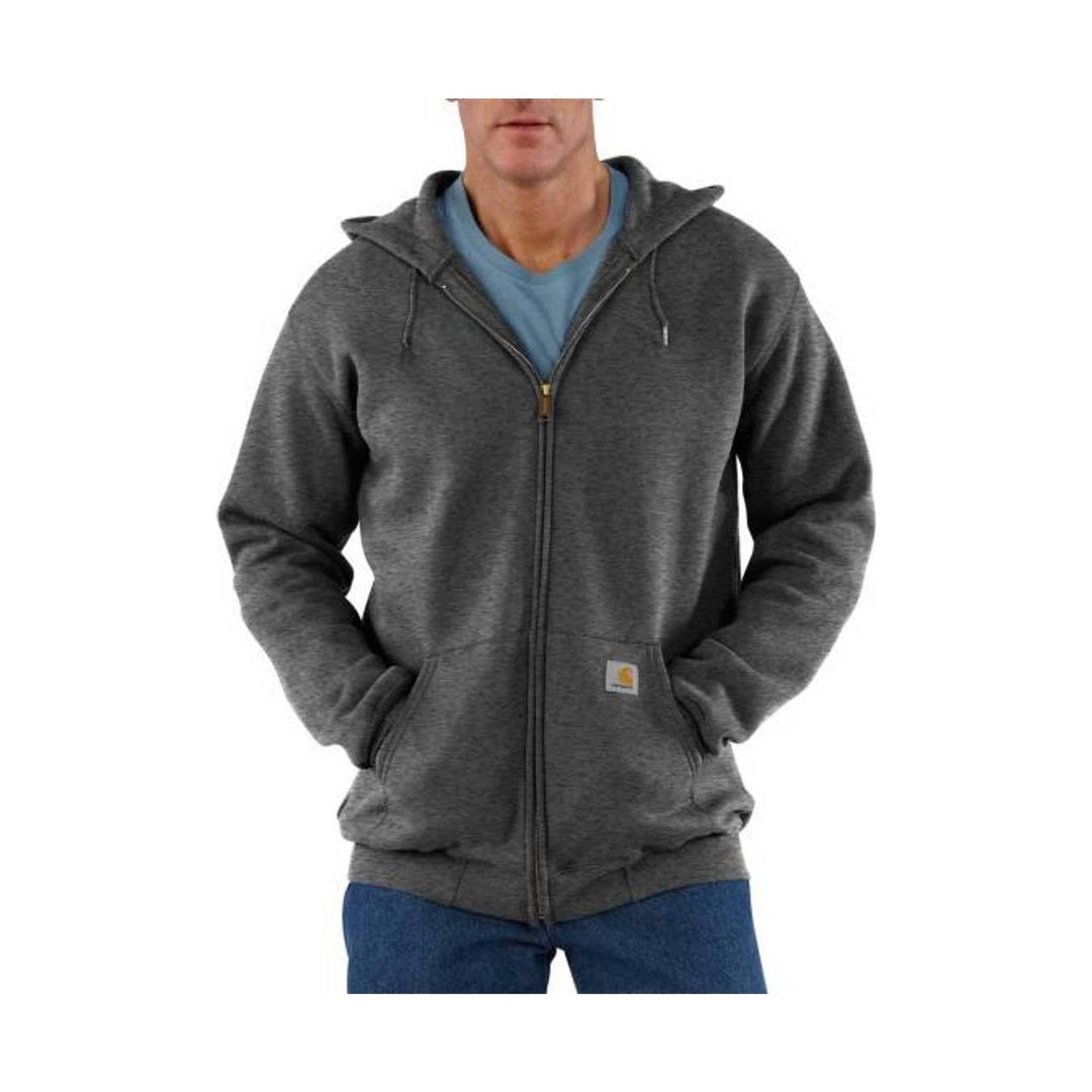 Dark gray zip-up hoodie with drawstring hood, front pockets, and a small chest logo patch
