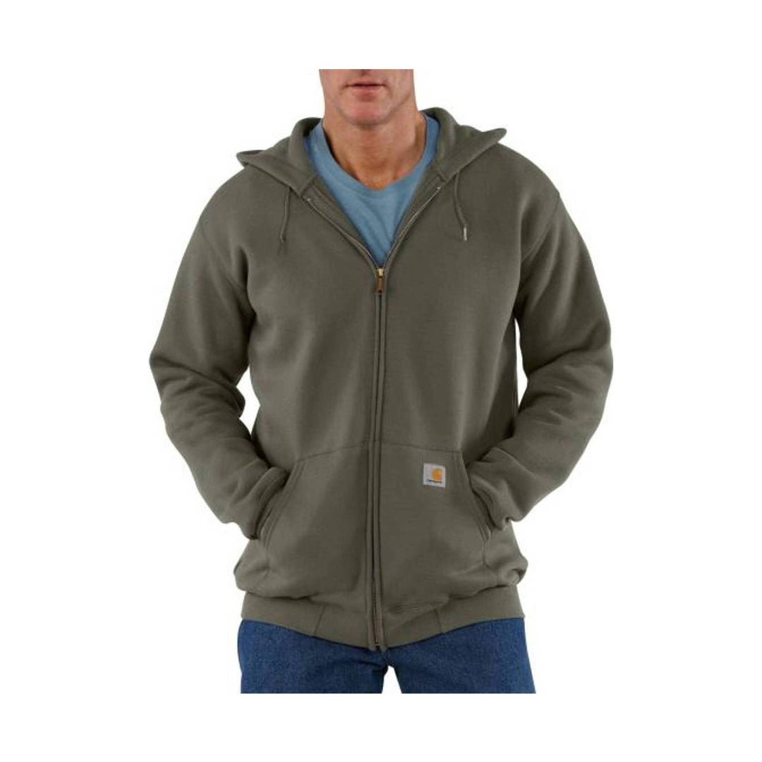 Olive zip-front hoodie with drawstring hood, front pockets, and small logo patch