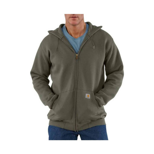 Olive zip-front hoodie with drawstring hood, front pockets, and small logo patch