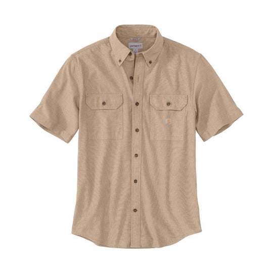 Beige short-sleeve button-up shirt with two chest pockets, collar, and front buttons