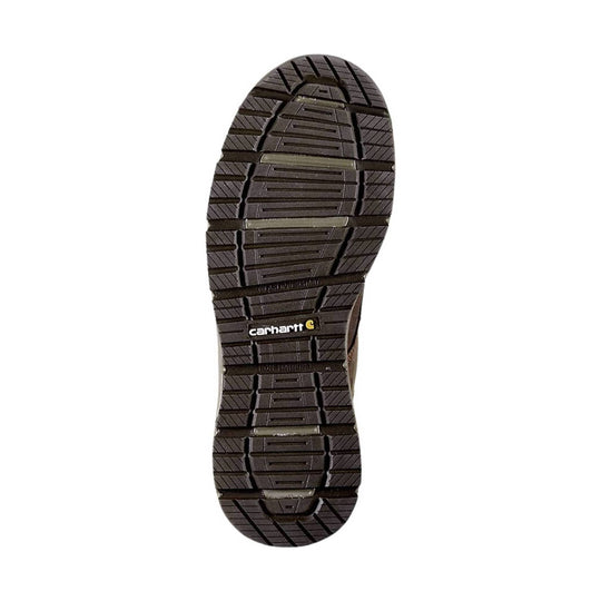 Dark work boot outsole with deep tread and Carhartt logo