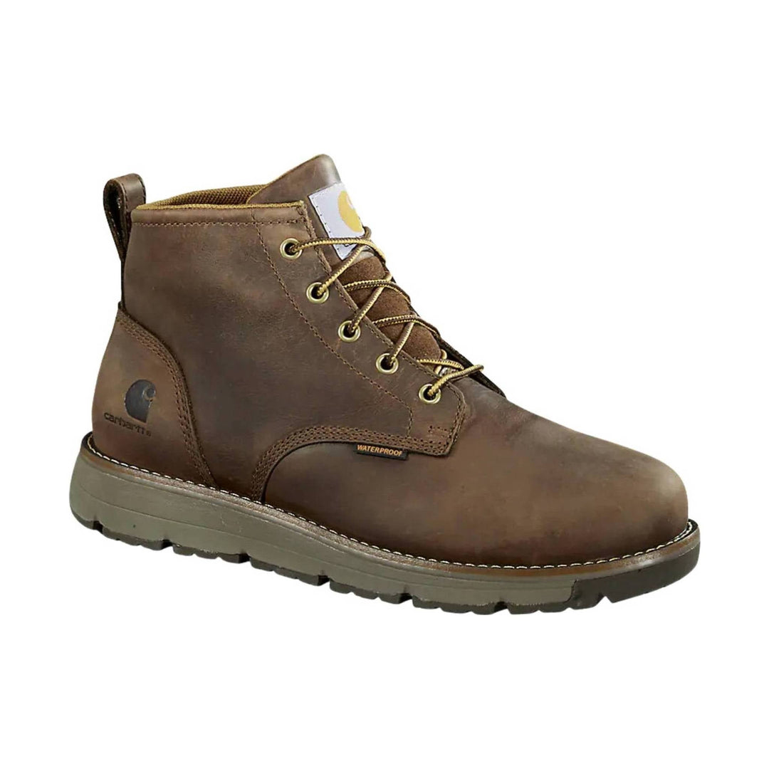Brown leather lace-up work boot with waterproof tag, padded collar, and lug sole