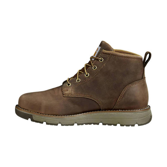 Brown lace-up work boot with a moc toe, padded collar, and lug sole