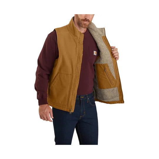 Brown sherpa-lined vest worn over a burgundy long-sleeve shirt, shown open to reveal the lining