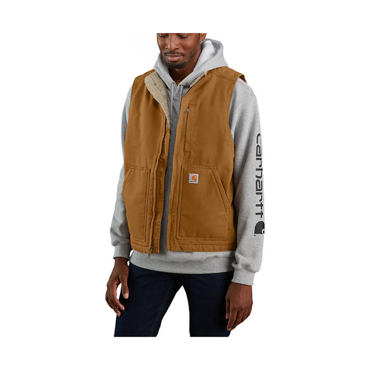 Brown insulated vest over a gray hoodie with front pockets and a small chest logo