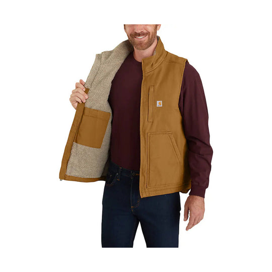 Brown sherpa-lined vest with a stand collar, front pockets, and a small chest logo patch