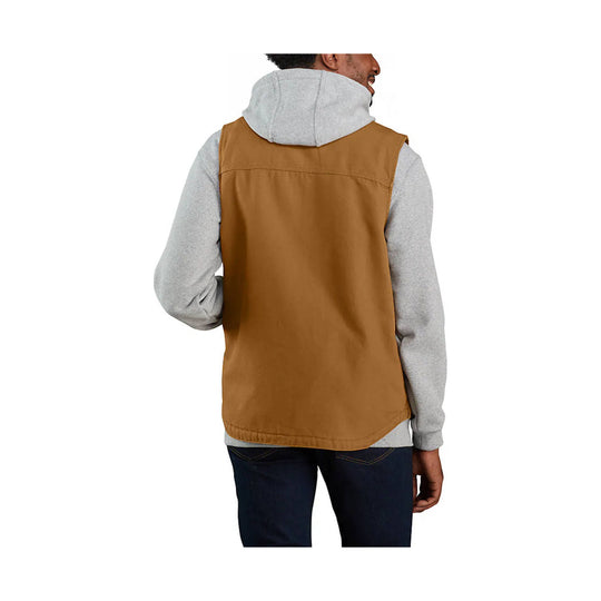 Brown vest layered over a gray hoodie, shown from the back