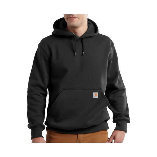 Black hooded pullover sweatshirt with front kangaroo pocket and Carhartt logo patch