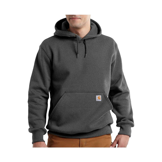 Dark gray hooded pullover sweatshirt with a front kangaroo pocket and small chest logo patch