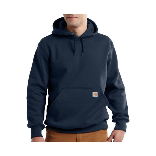 Dark navy hooded pullover sweatshirt with kangaroo pocket and small chest logo patch